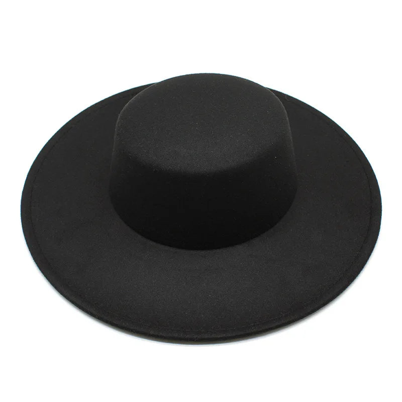 French Wide Brim Women's Fedora Wool Hat  Flat Top Felt in Marigold, White, and Black.