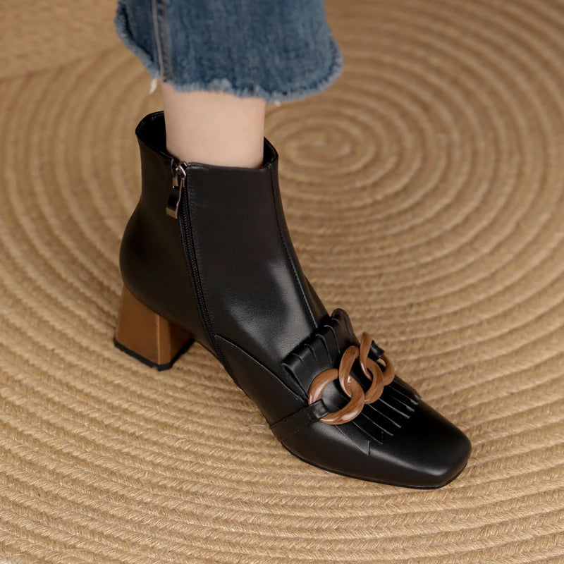 Winter Ankle Boots Square Toe Genuine Leather, Fringe topped with 3 Circles in Black or Tan. Side Zipper