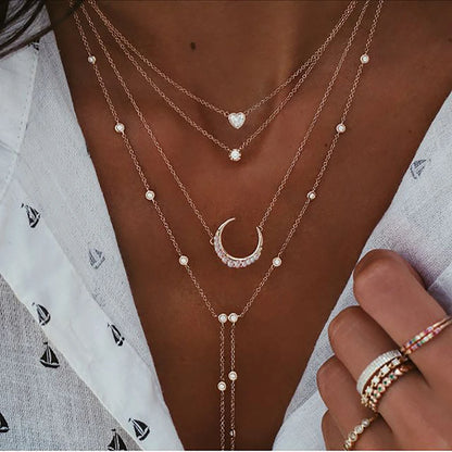 Vintage Crystal  Star Moon Layered Necklace Boho Multi-level Necklaces