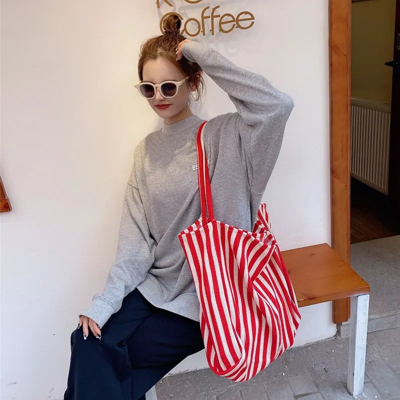 Large Capacity Canvas Shopper Tote Simple Striped Shoulder Bag Multifunctional