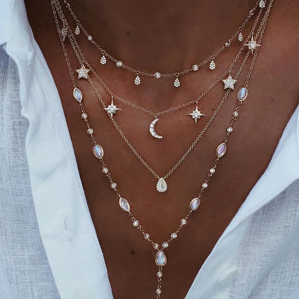Vintage Crystal  Star Moon Layered Necklace Boho Multi-level Necklaces