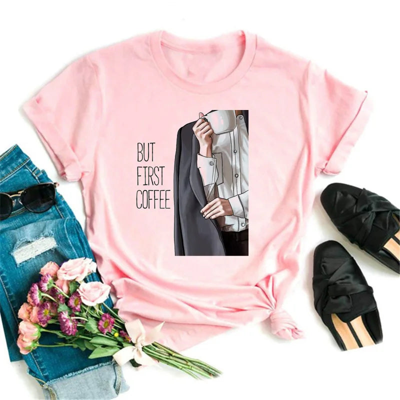 Sizes to 3XXL T-shirts Casual Round Neck Short Top short Sleeves  Logo  "Have a Nice Day" or "But First, Coffee"