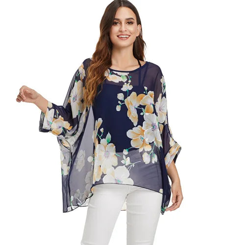 50 patterns to choose from, Plus Size, Boho Batwing Casual Sheer Chiffon Summer Top