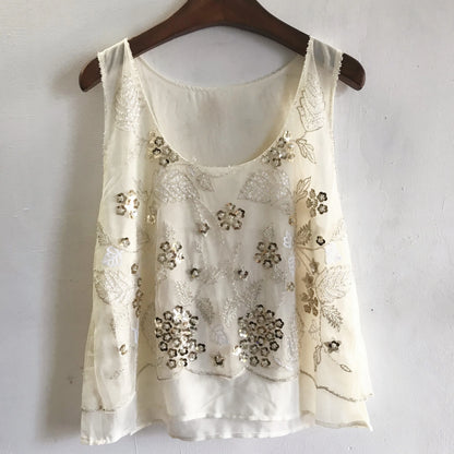 Floral Beaded Loose Sleeveless Tank Top U-Neck Flowers Embroidered Sequined Chiffon Gauze Tank Tops