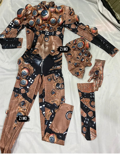 Halloween Men and Women Horror Costume, 3D Eye Novelty Stretch Jumpsuit Rompers