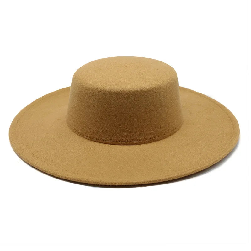 French Wide Brim Women's Fedora Wool Hat  Flat Top Felt in Marigold, White, and Black.
