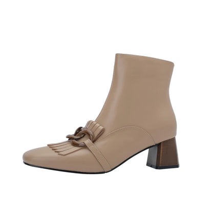 Winter Ankle Boots Square Toe Genuine Leather, Fringe topped with 3 Circles in Black or Tan. Side Zipper
