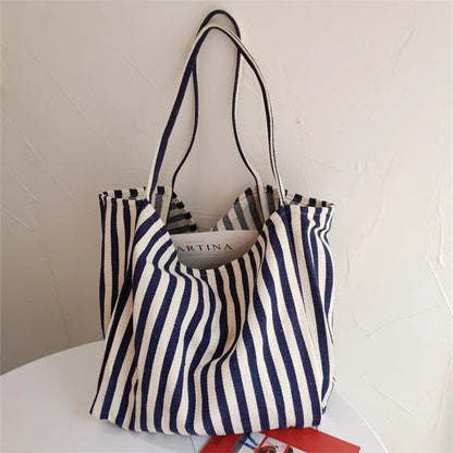Large Capacity Canvas Shopper Tote Simple Striped Shoulder Bag Multifunctional