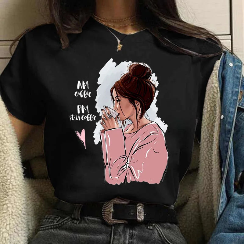 Sizes to 3XXL T-shirts Casual Round Neck Short Top short Sleeves  Logo  "Have a Nice Day" or "But First, Coffee"