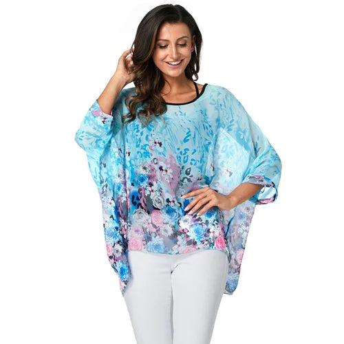 50 patterns to choose from, Plus Size, Boho Batwing Casual Sheer Chiffon Summer Top