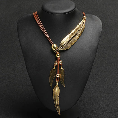 Vintage Bohemian Style Feather Pattern Pendant on Rope Chain