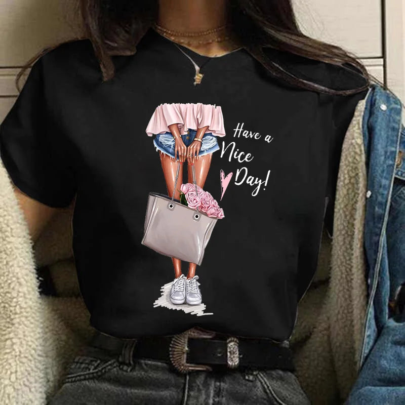 Sizes to 3XXL T-shirts Casual Round Neck Short Top short Sleeves  Logo  "Have a Nice Day" or "But First, Coffee"