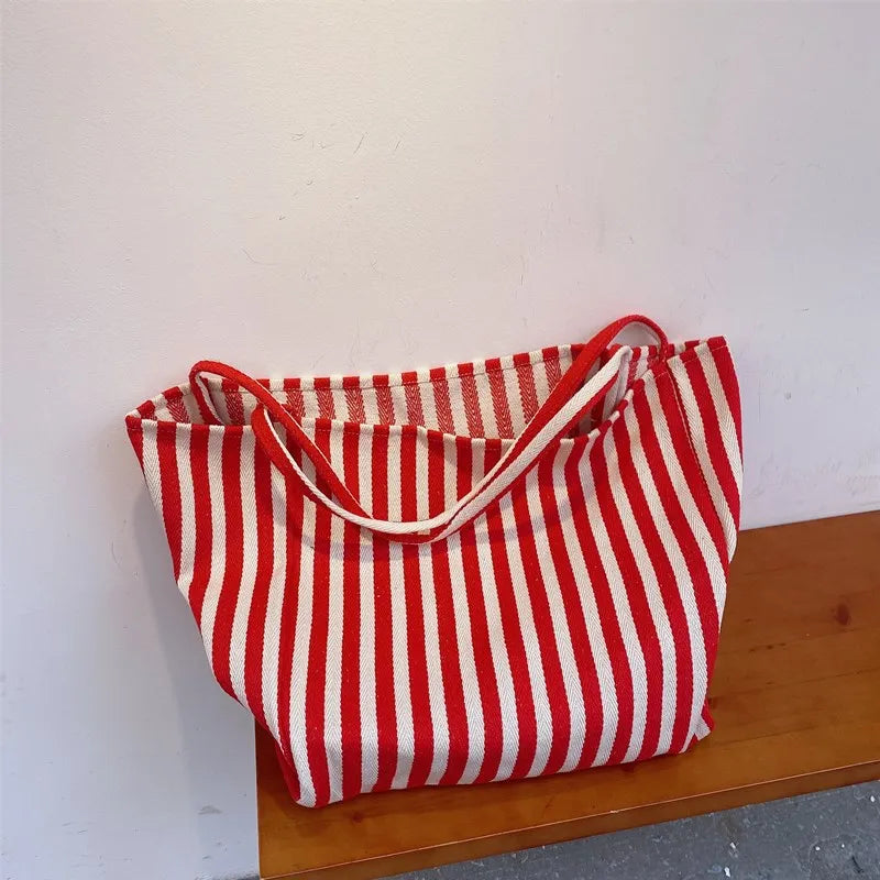 Large Capacity Canvas Shopper Tote Simple Striped Shoulder Bag Multifunctional