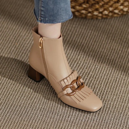Winter Ankle Boots Square Toe Genuine Leather, Fringe topped with 3 Circles in Black or Tan. Side Zipper