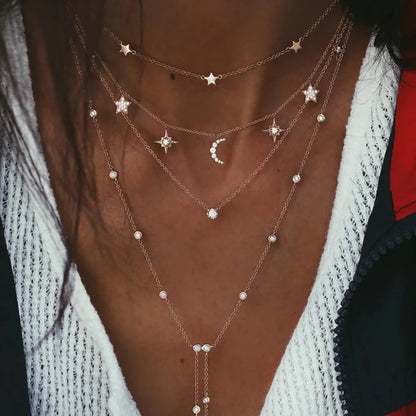 Vintage Crystal  Star Moon Layered Necklace Boho Multi-level Necklaces