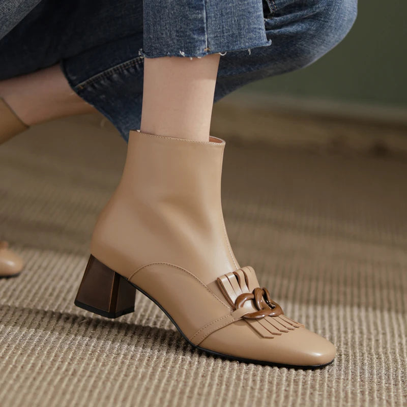 Winter Ankle Boots Square Toe Genuine Leather, Fringe topped with 3 Circles in Black or Tan. Side Zipper