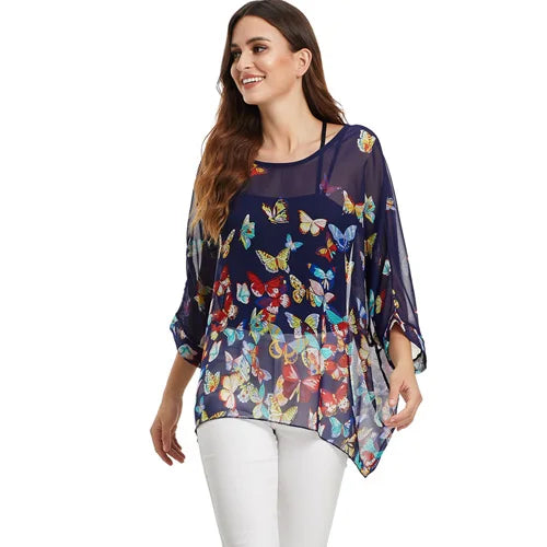 50 patterns to choose from, Plus Size, Boho Batwing Casual Sheer Chiffon Summer Top