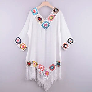 CROCHET WHITE BIKINI White Bikini Cover Up With Fringe and Native American Design