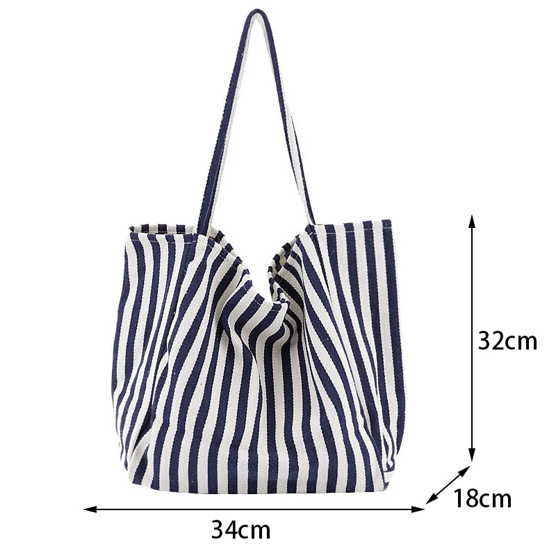 Large Capacity Canvas Shopper Tote Simple Striped Shoulder Bag Multifunctional
