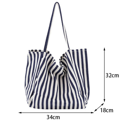 Large Capacity Canvas Shopper Tote Simple Striped Shoulder Bag Multifunctional