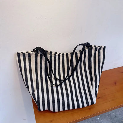 Large Capacity Canvas Shopper Tote Simple Striped Shoulder Bag Multifunctional