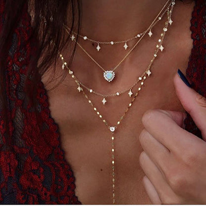 Vintage Crystal  Star Moon Layered Necklace Boho Multi-level Necklaces