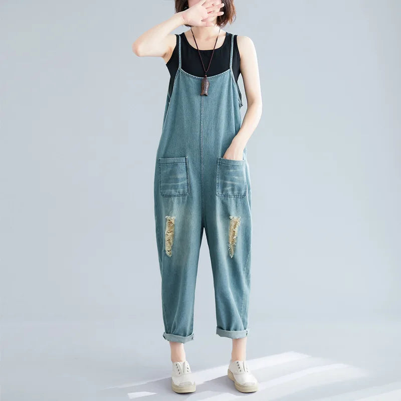 Sizes to 2XL Distressed Denim Jumpsuit, Loose Bibbed Overalls with Spaghetti Straps and Pockets