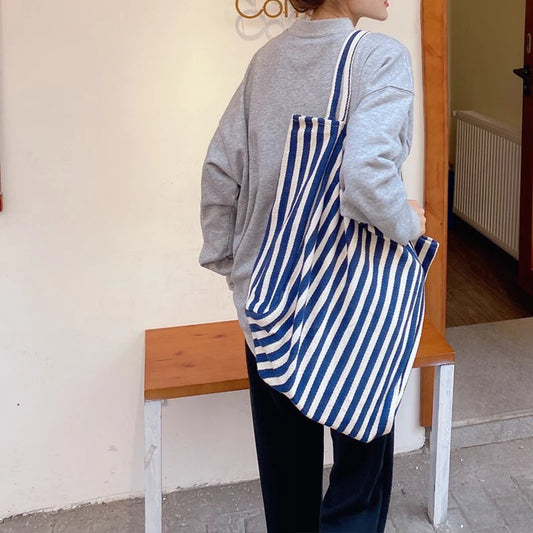 Large Capacity Canvas Shopper Tote Simple Striped Shoulder Bag Multifunctional