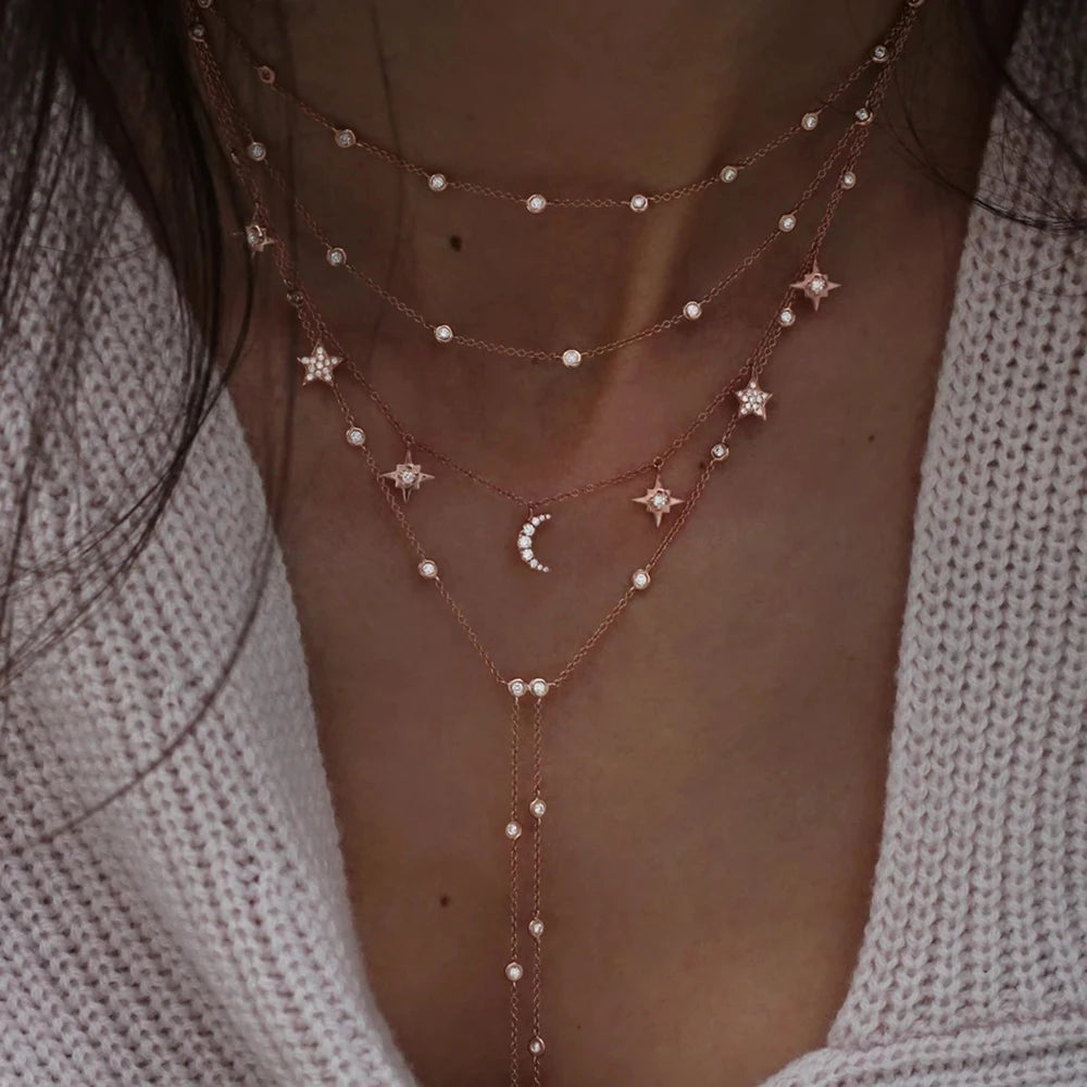 Vintage Crystal  Star Moon Layered Necklace Boho Multi-level Necklaces