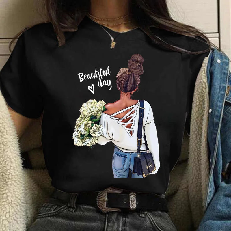 Sizes to 3XXL T-shirts Casual Round Neck Short Top short Sleeves  Logo  "Have a Nice Day" or "But First, Coffee"
