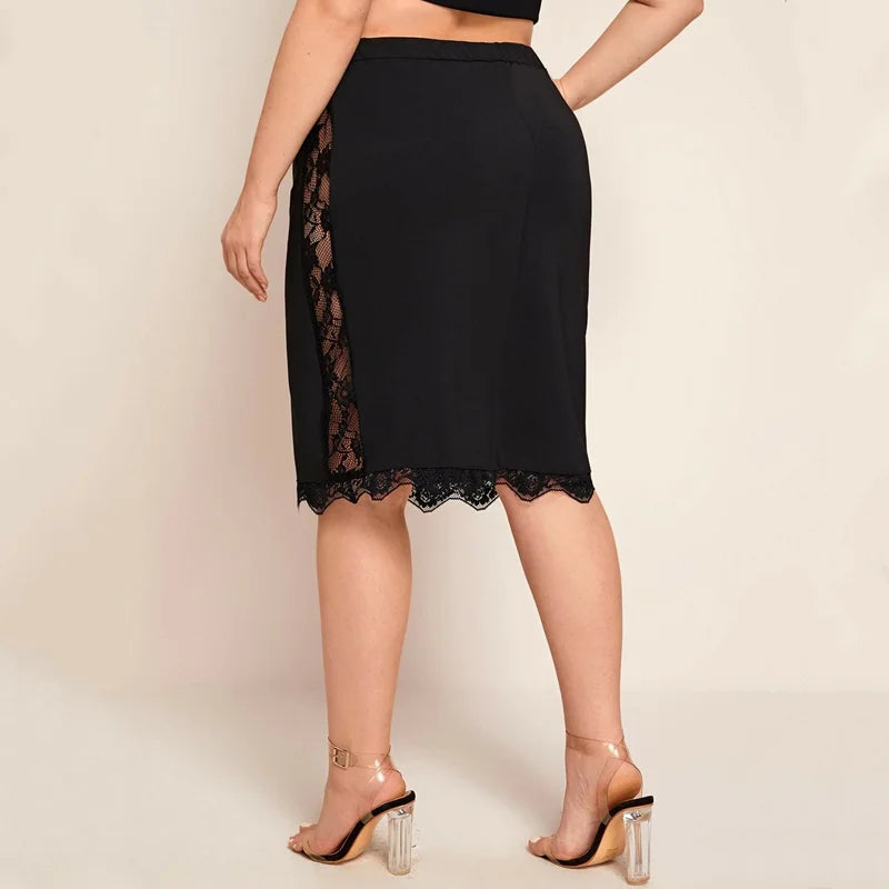 Plus Sizes to 8XL!!!    Elastic Waist, Elegant Bodycon Skirt with Lace Trim, Black Business Casual Midi Skirt