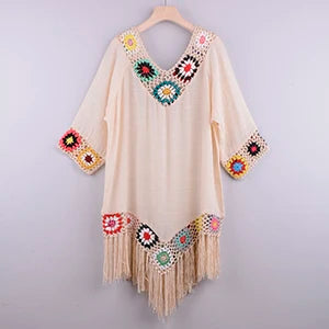 CROCHET WHITE BIKINI White Bikini Cover Up With Fringe and Native American Design