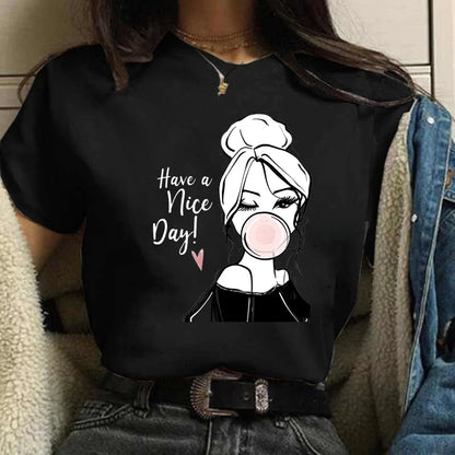 Sizes to 3XXL T-shirts Casual Round Neck Short Top short Sleeves  Logo  "Have a Nice Day" or "But First, Coffee"