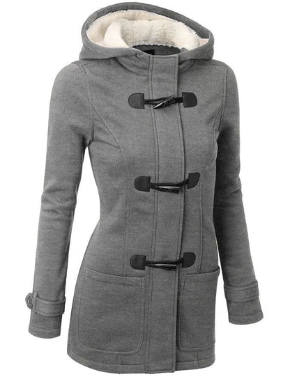 Hooded Women's Overcoat, Zipper Closure with Button Decorations and Pockets