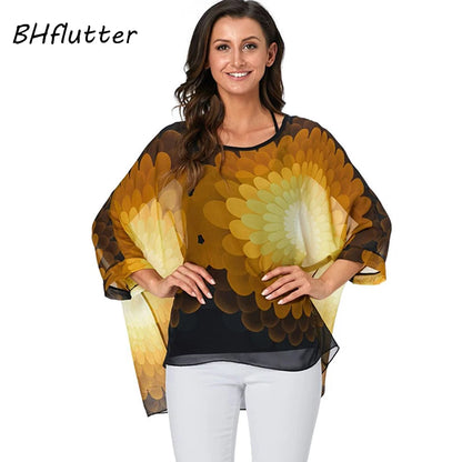 50 patterns to choose from, Plus Size, Boho Batwing Casual Sheer Chiffon Summer Top