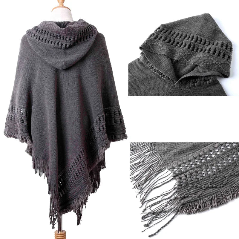 Tassel Fringe Oblique Stripe Bohemian Cape in Red, Grey, white, Off White, and Black