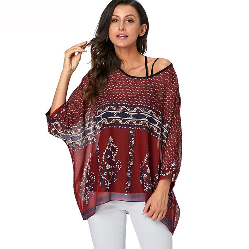 50 patterns to choose from, Plus Size, Boho Batwing Casual Sheer Chiffon Summer Top