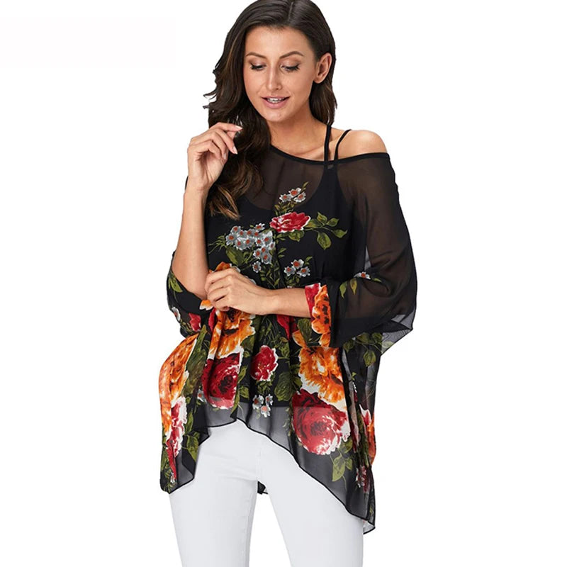 50 patterns to choose from, Plus Size, Boho Batwing Casual Sheer Chiffon Summer Top