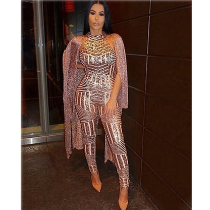 Gold sequin Halter Jumpsuit with Open Back