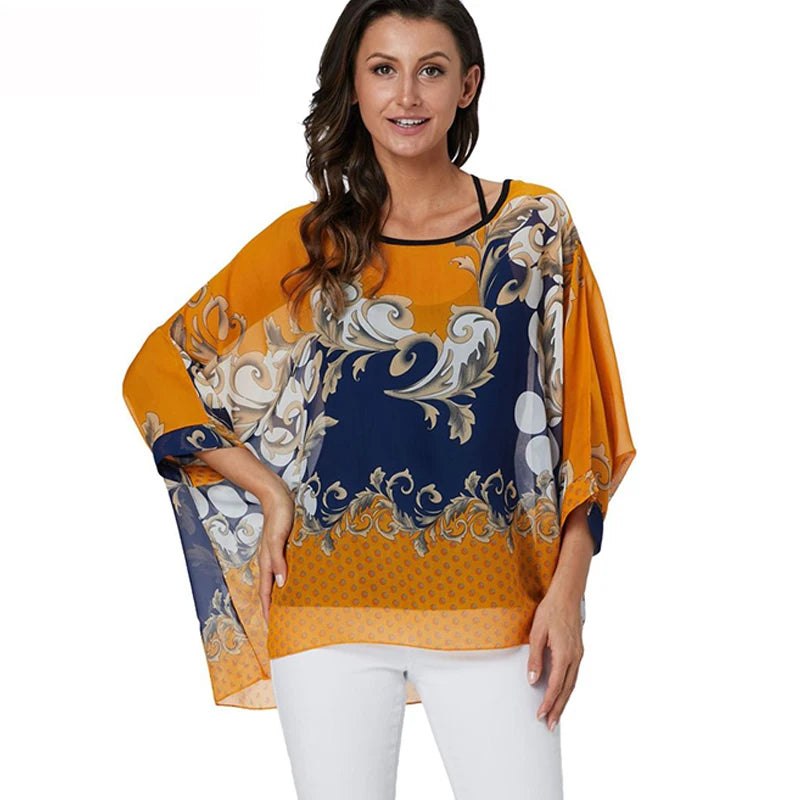 50 patterns to choose from, Plus Size, Boho Batwing Casual Sheer Chiffon Summer Top