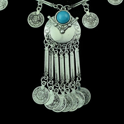 Bohemian Black Blue Stones, Coin tassel Necklace Turkish Gypsy Boho