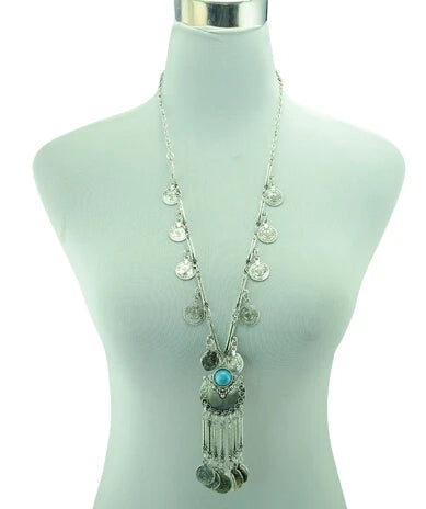 Bohemian Black Blue Stones, Coin tassel Necklace Turkish Gypsy Boho