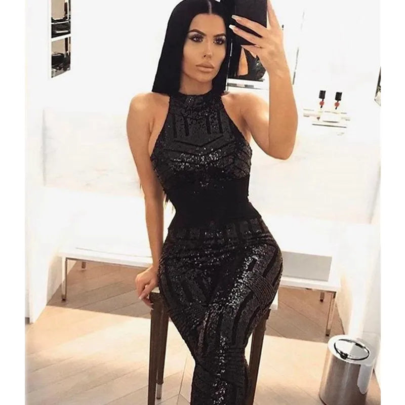 Gold sequin Halter Jumpsuit with Open Back