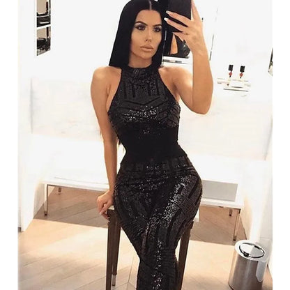 Gold sequin Halter Jumpsuit with Open Back