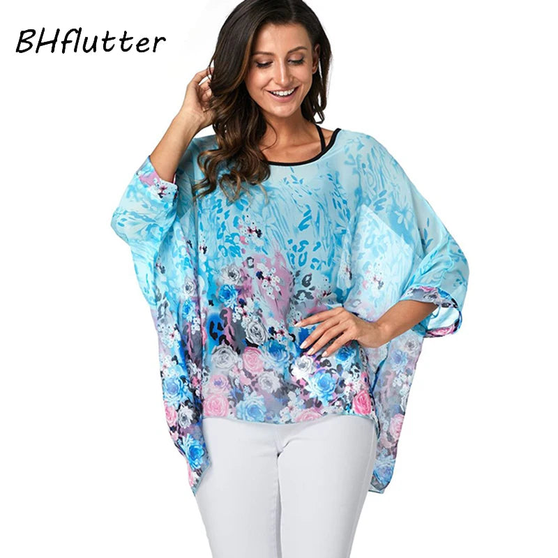 50 patterns to choose from, Plus Size, Boho Batwing Casual Sheer Chiffon Summer Top