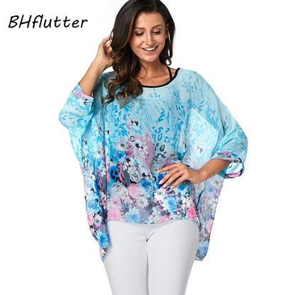 50 patterns to choose from, Plus Size, Boho Batwing Casual Sheer Chiffon Summer Top