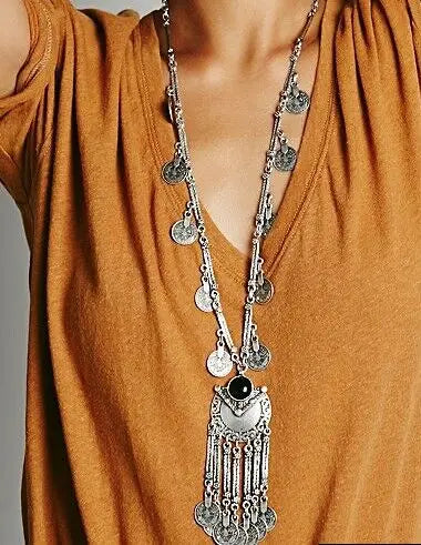 Bohemian Black Blue Stones, Coin tassel Necklace Turkish Gypsy Boho