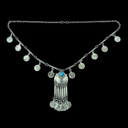 Bohemian Black Blue Stones, Coin tassel Necklace Turkish Gypsy Boho