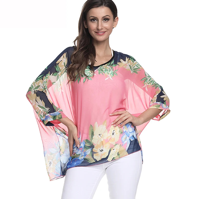 50 patterns to choose from, Plus Size, Boho Batwing Casual Sheer Chiffon Summer Top
