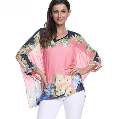 50 patterns to choose from, Plus Size, Boho Batwing Casual Sheer Chiffon Summer Top